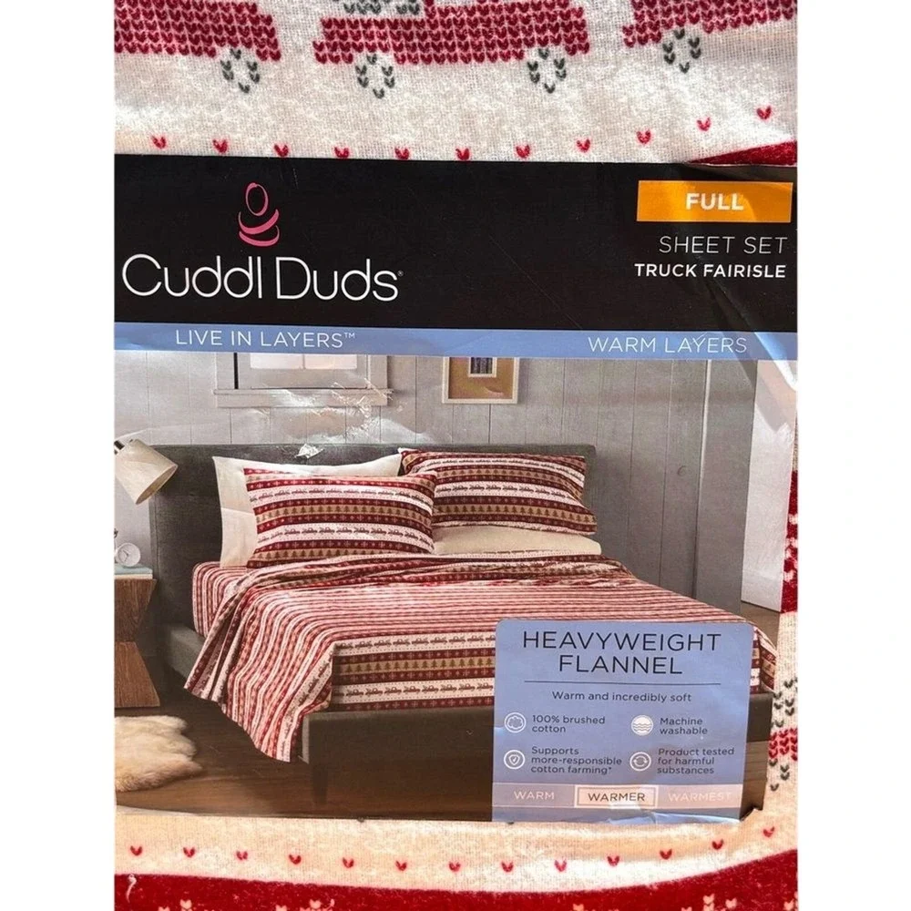 Cuddl Duds Full Heavyweight Flannel Sheet Set Christmas Red Truck Winter NWT